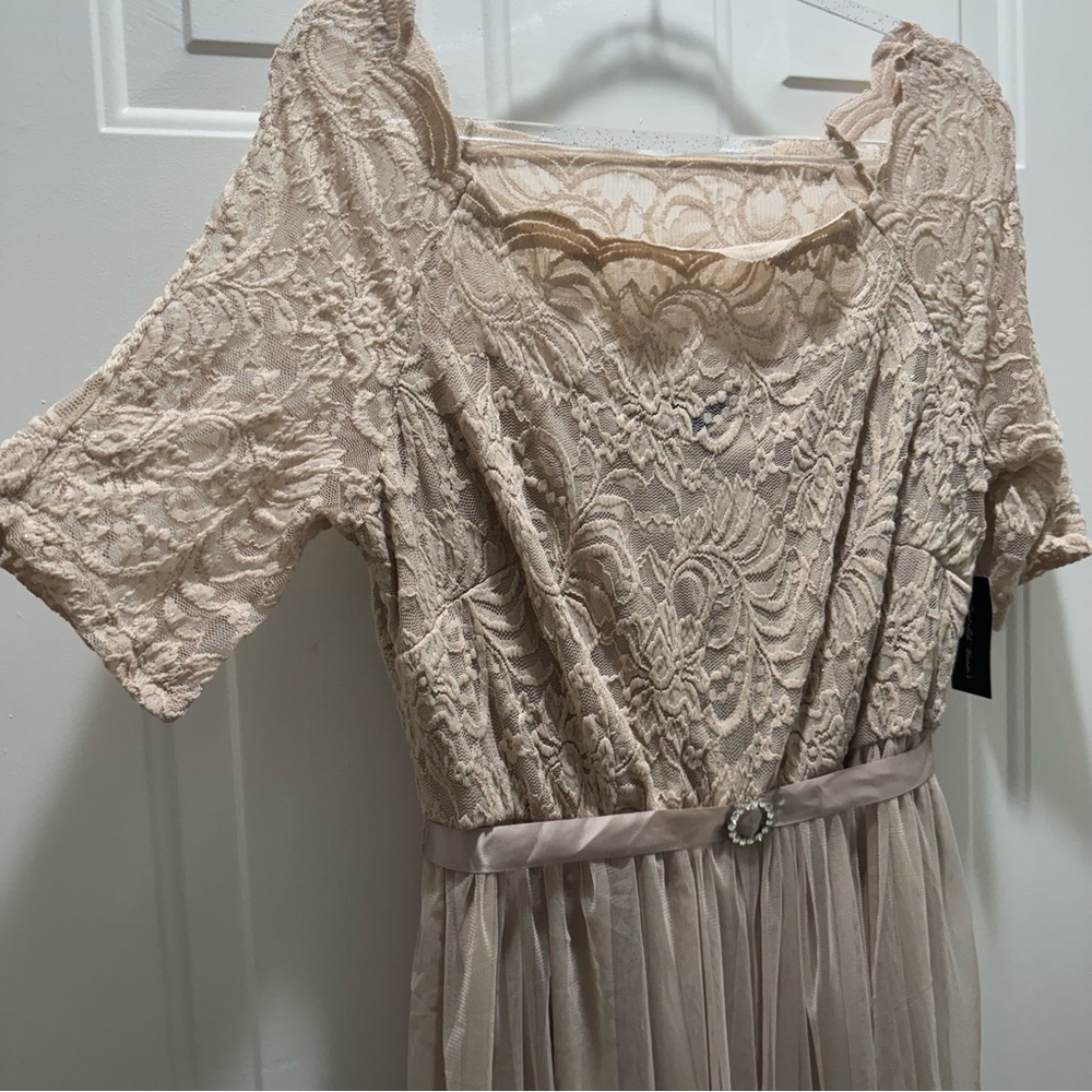 Candalite Evening Night Dress with Waist Tie in Sparkly Lace Light Taupe - Picture 3 of 7